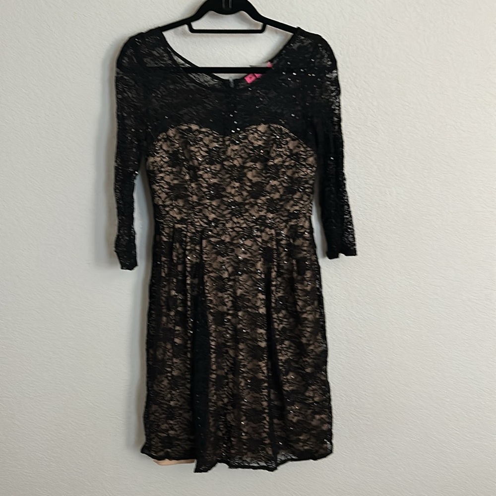 Betsey Johnson - Lace Overlay Black and Nude Fit & Flare Dress With Stretch